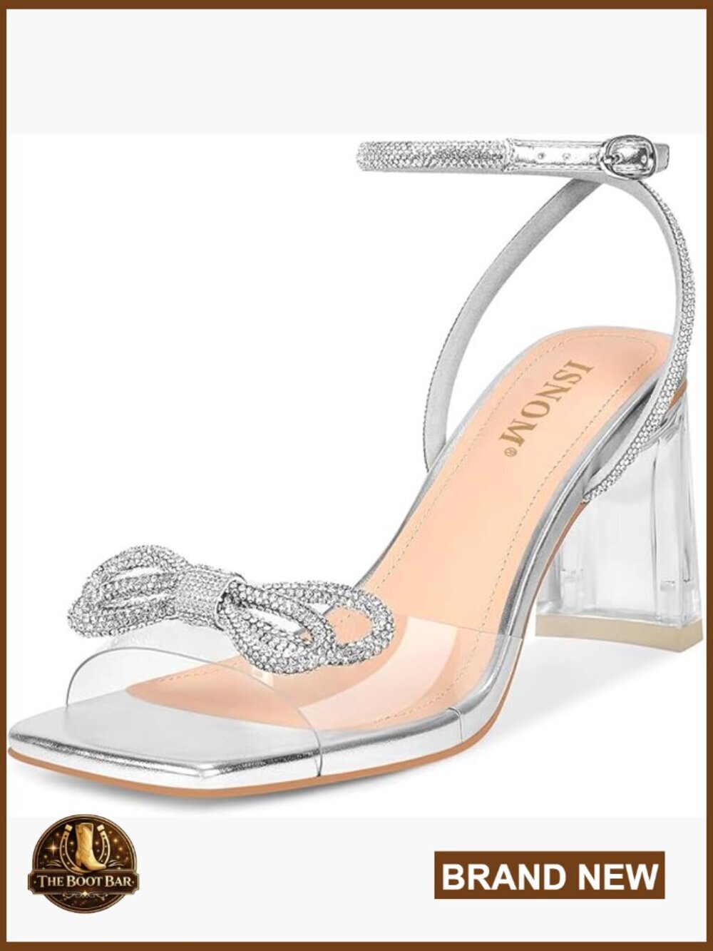 Clear Chunky Heel Rhinestone Bow Sandals Weddings Parties Formal Ankle Strap